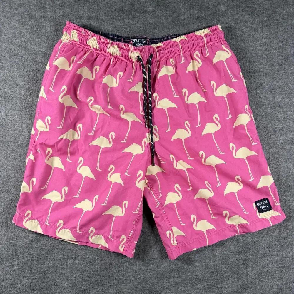 Spicy Tuna Shorts Mens Medium Pink Flamingo Swim Trunks Lined Drawstring Beach